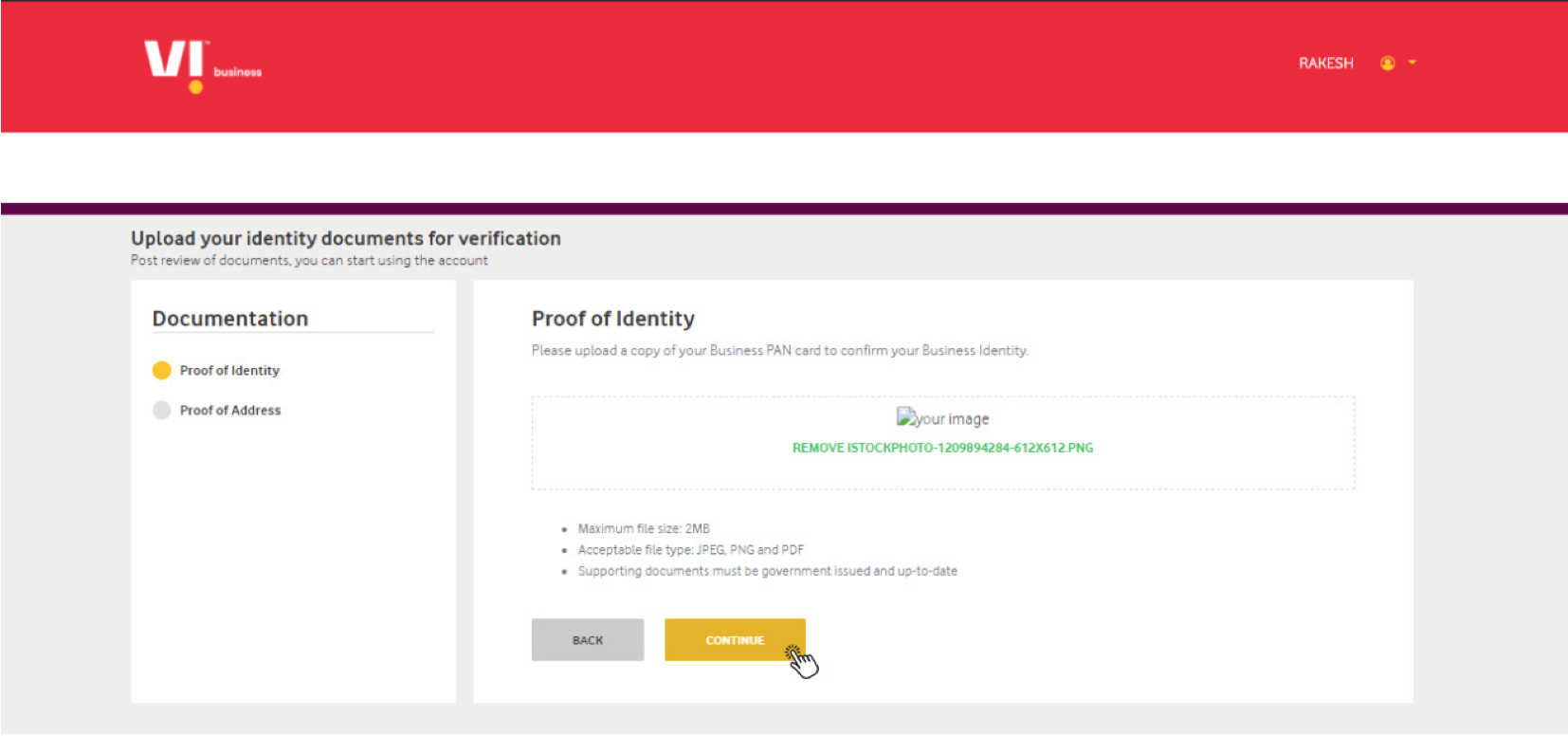 Proof of Identity upload on Vodafone DLT portal