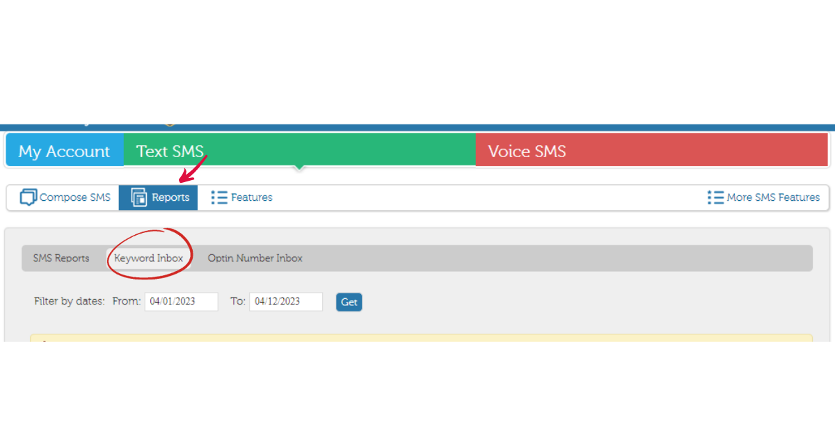 Collecting and analysing data | check reports by selecting the keyword inbox on SMSCountry dashboard