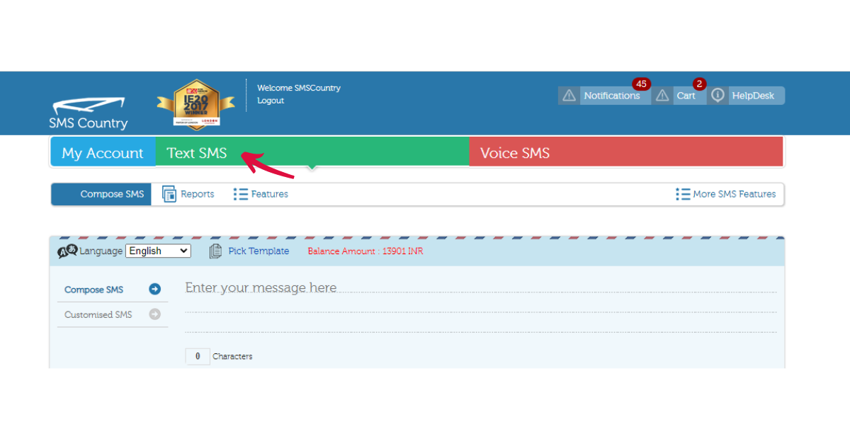 choose-text-sms Text SMS | SMSCountry compose text sms dashboard screen