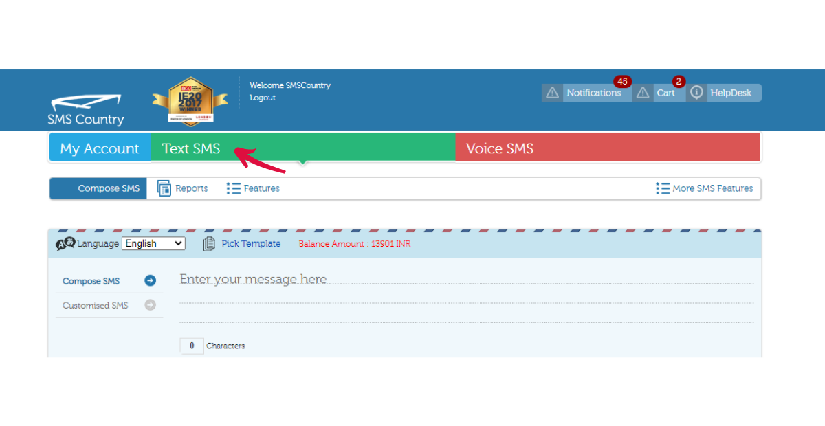 Text SMS | SMSCountry compose text sms dashboard screen