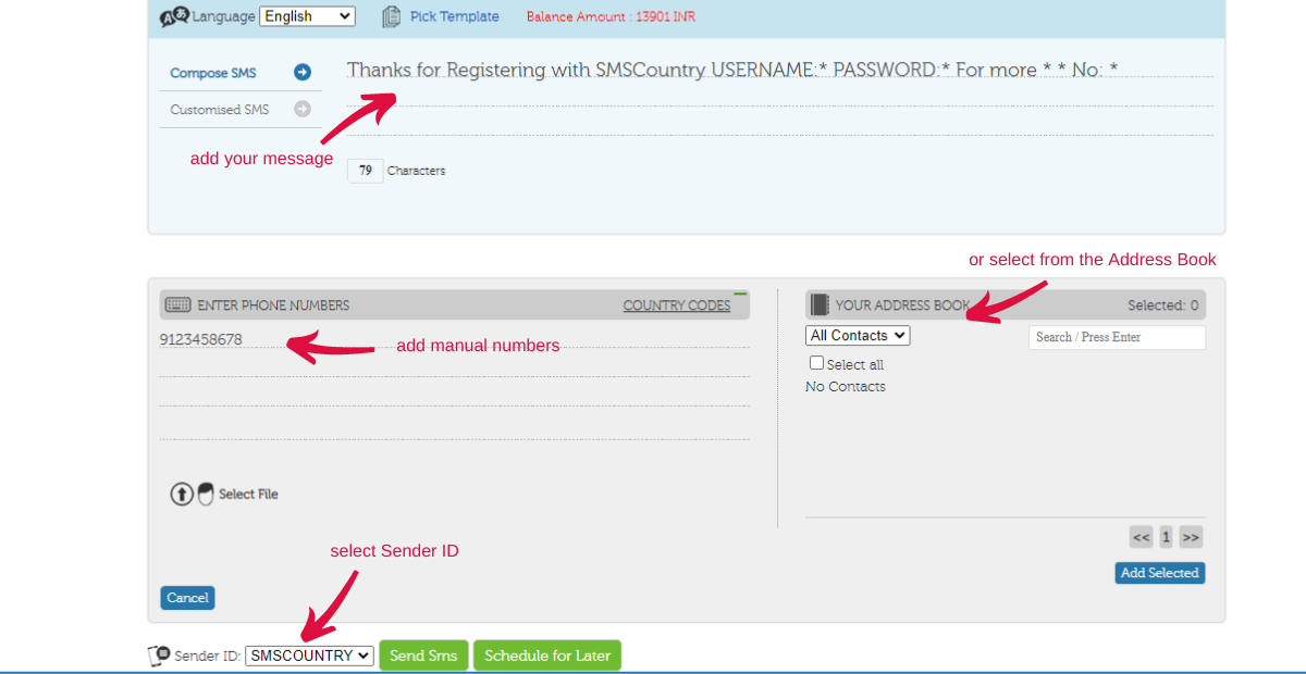 Composing the SMS | SMSCountry compose sms dashboard screen