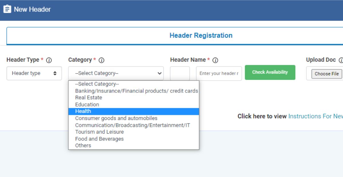 Select header category from the drop down menu