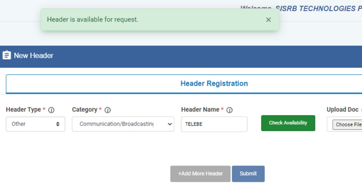 Screenshot showing registration form | Videocon sender ID registration process
