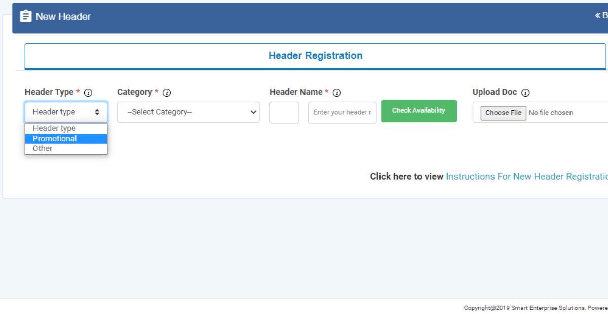 Select header type from the drop-down menu. Promotional or other