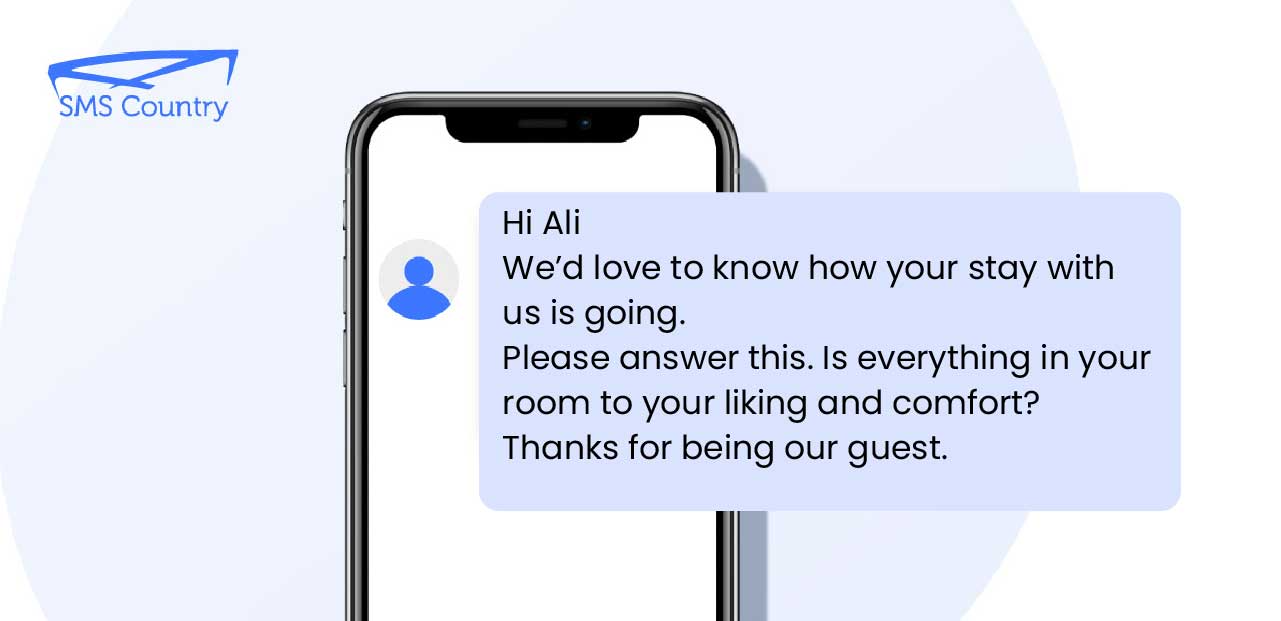 SMS Survey Templates | On a mobile phone displaying Hotel survey SMS message