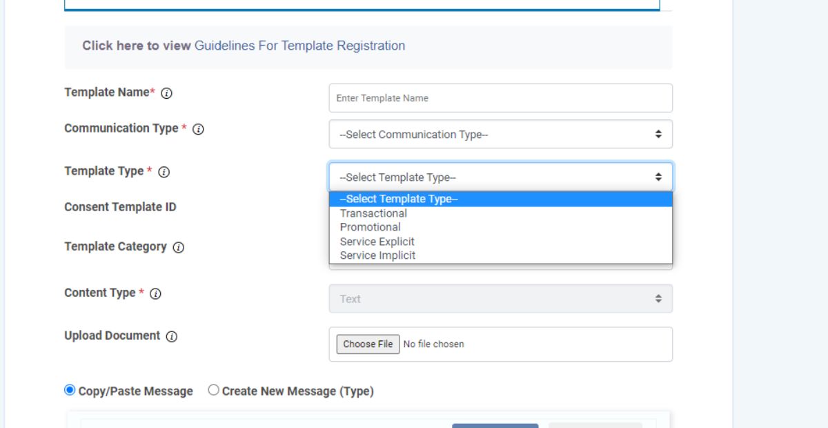 select the template type from dropdown menu. Transactional, Promotional, service explicit, or service implicit