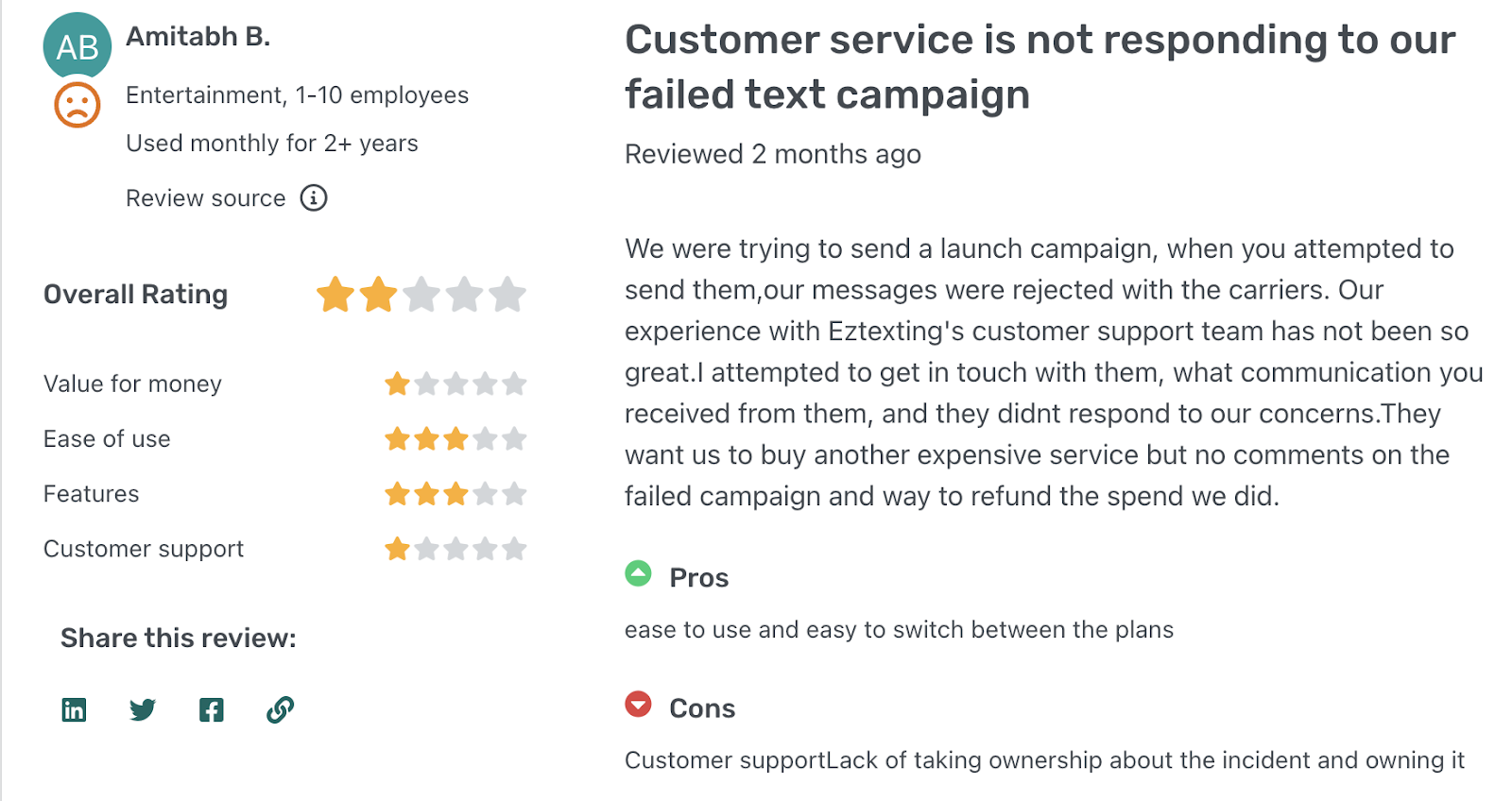 The 7 Best Bulk Text Messaging Services in The USA | User review about Poor customer support on EZtexting