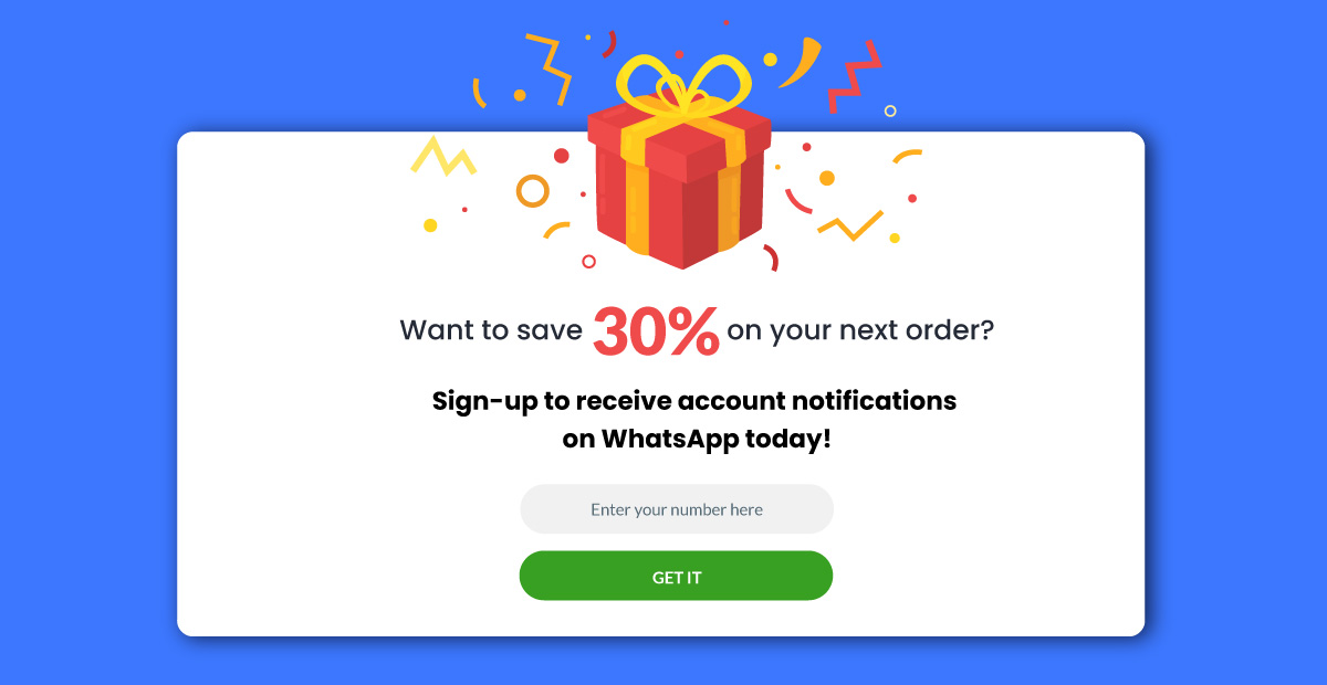 WhatsApp Business Opt-in | form offering a discount upto 30% off on next purchase