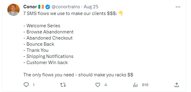 Tweet screenshot of SMS flows for clients