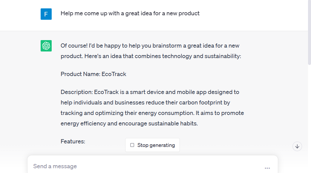 AI-generates-ideas-for-product-development ChatGPT user dashboard showing the AI tool sharing an idea for a new product idea in response to a prompt added in the chat.