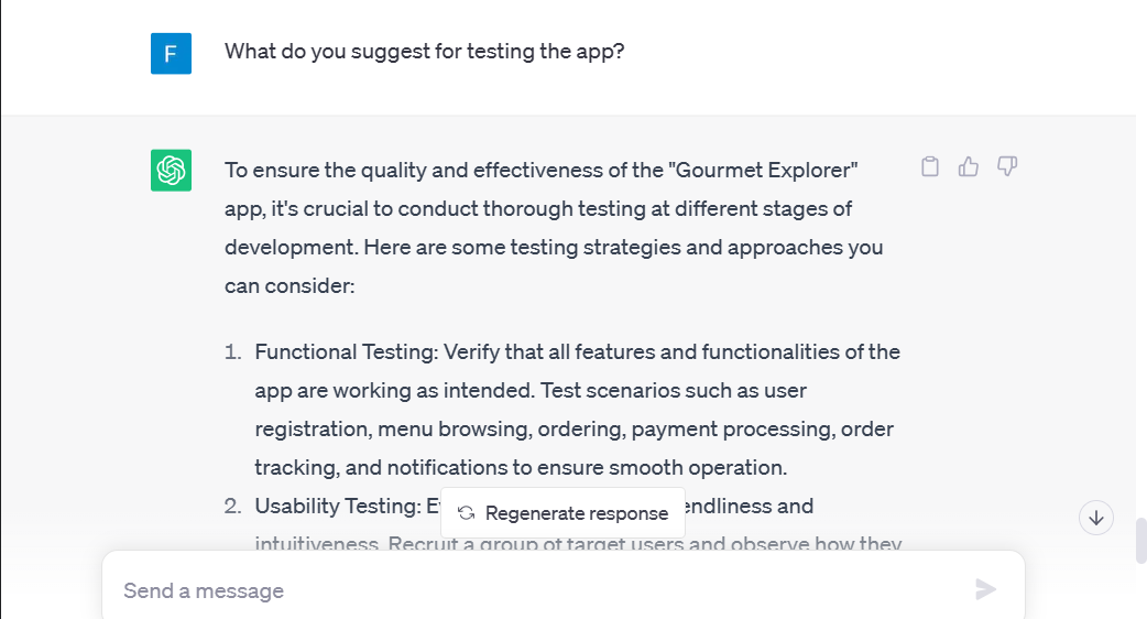 AI-in-product-testing-and-optimisation ChatGPT user dashboard showing a response from ChatGPT on product testing and optimisation ideas for a new app | how to use chatgpt for business