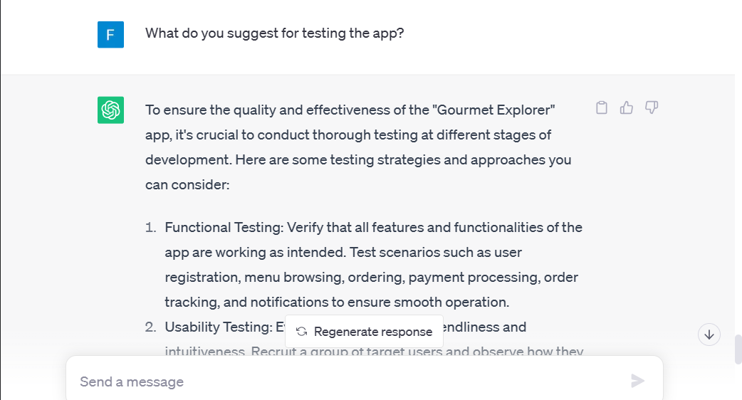 ChatGPT user dashboard showing a response from ChatGPT on product testing and optimisation ideas for a new app | how to use chatgpt for business