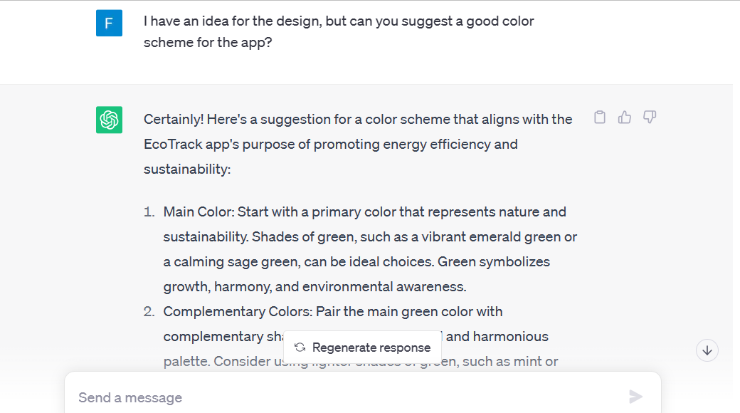 AI-provides-design-color-idea-for-product-development ChatGPT user dashboard shows the AI tool giving ideas and suggestions for colour schemes of an app in response to a prompt added in the chat.