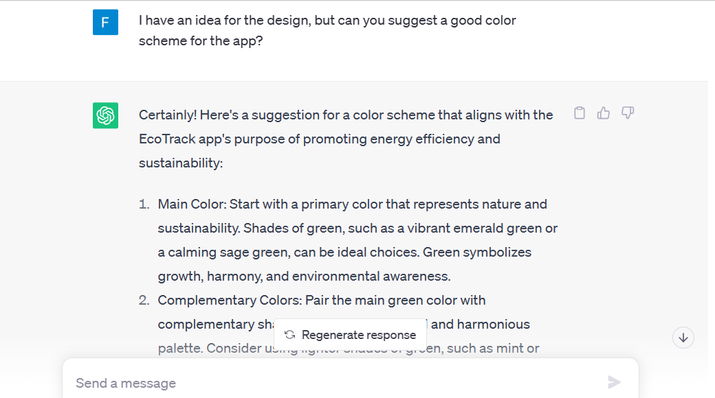 ChatGPT user dashboard shows the AI tool giving ideas and suggestions for colour schemes of an app in response to a prompt added in the chat. 