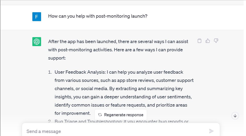 ChatGPT user dashboard showing the AI tool describing various ways it can assist in post-launch monitoring of a new app. 