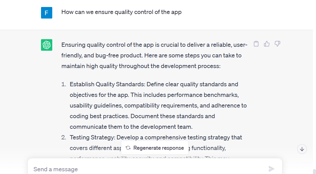 ChatGPT responds to a prompt and suggests ways to ensure quality control of a new app. 