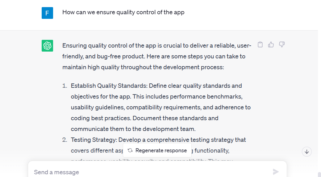 AI-helps-measure-quality-control-for-product-development ChatGPT responds to a prompt and suggests ways to ensure quality control of a new app.