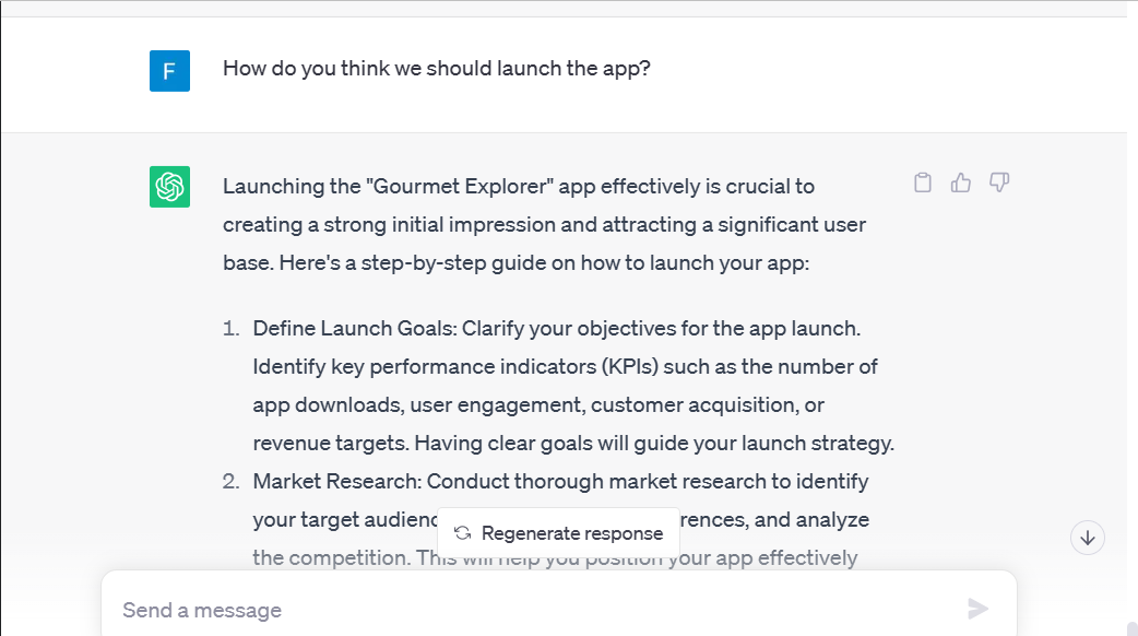 ChatGPT user dashboard shows ChatGPT listing down ideas for the launch of an app in response to a prompt | how to use chatgpt for business