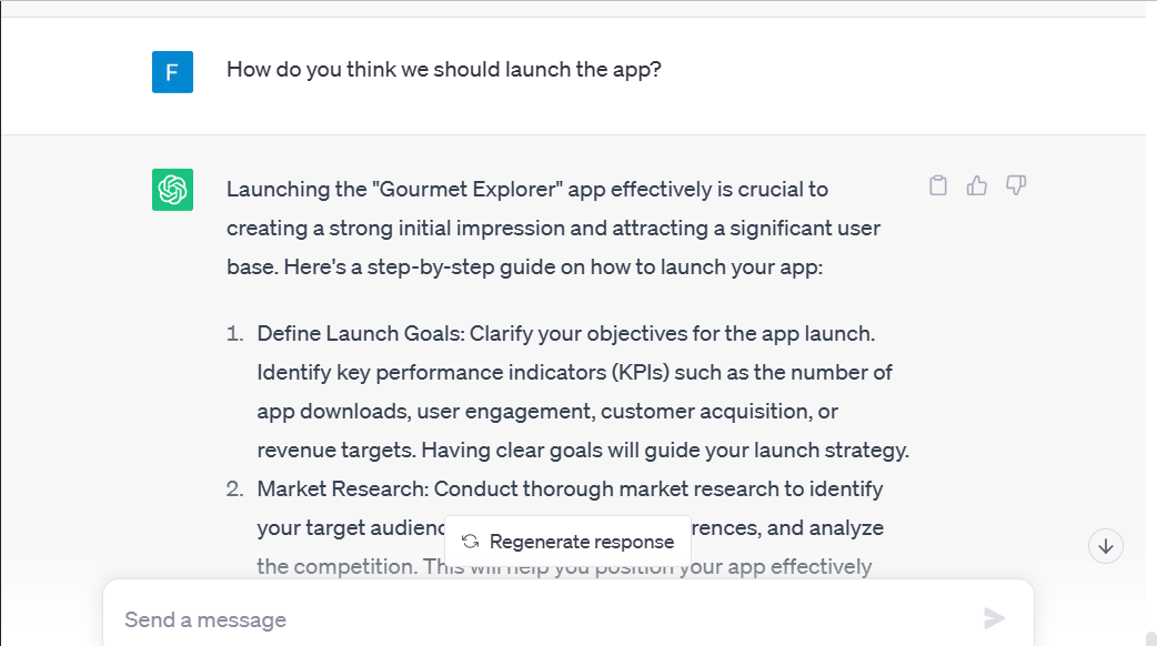 Product-development-launch-and-post-launch-monitoring ChatGPT user dashboard shows ChatGPT listing down ideas for the launch of an app in response to a prompt | how to use chatgpt for business