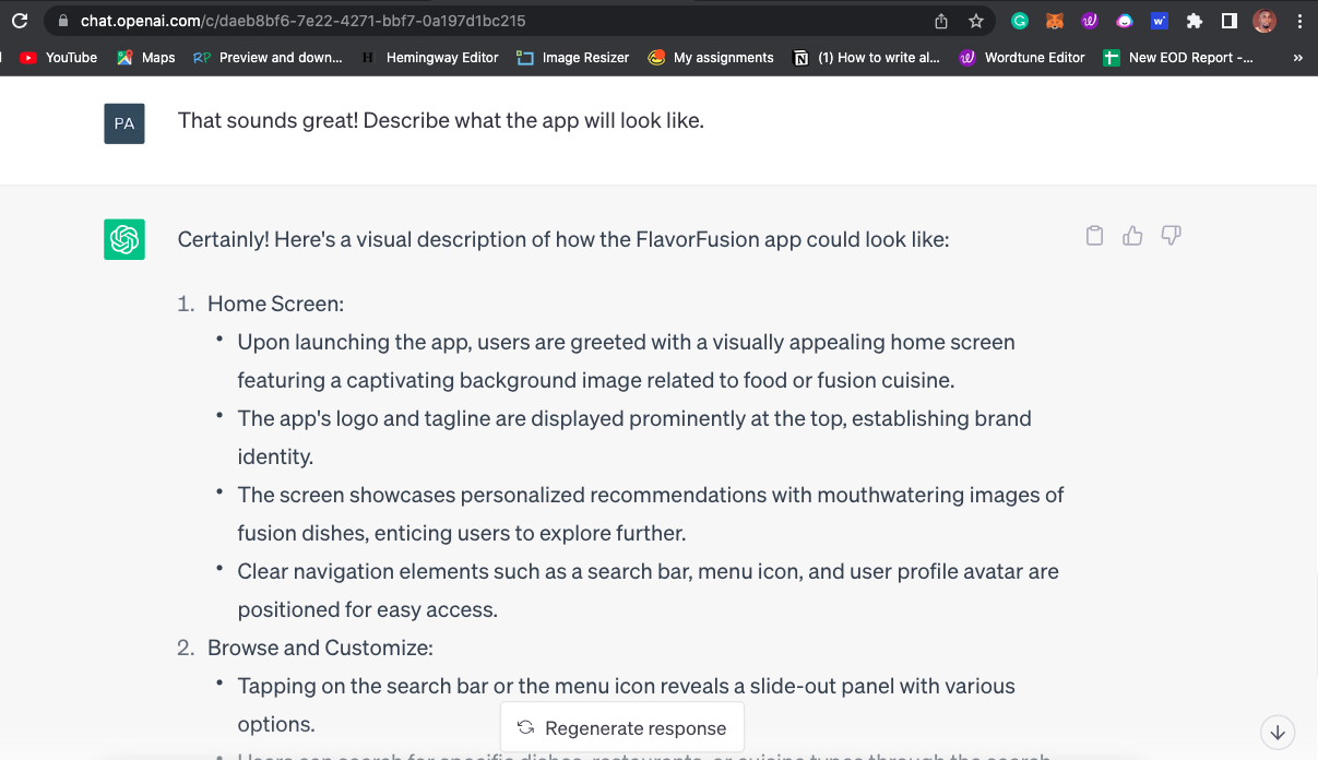 Product and business design and development | ChatGPT user dashboard showing a conversation as ChatGPT helps the user develop a food delivery product design