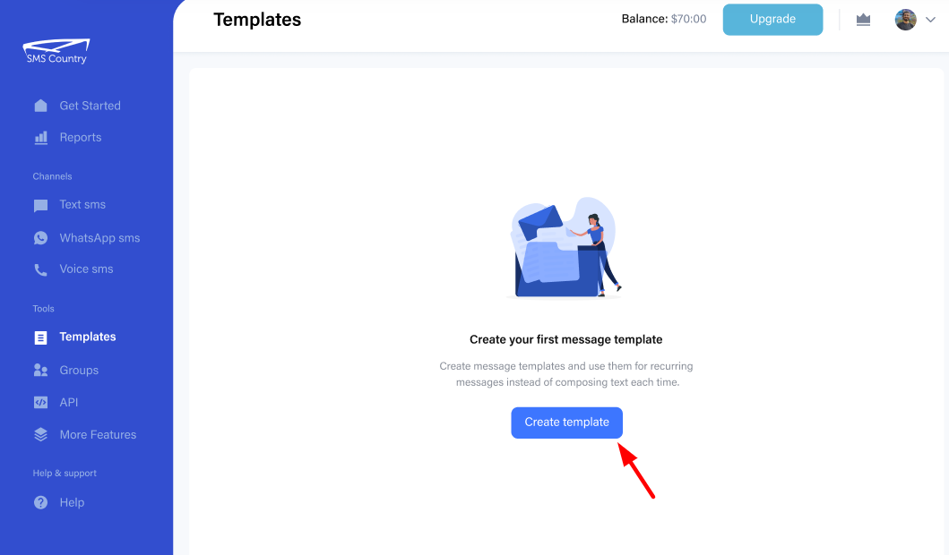 Dashboard of SMSCountry showing Templates section