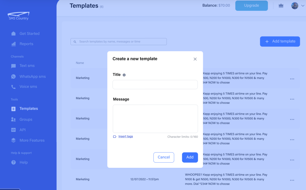 Dashboard of SMSCountry : Showing section how to create a new Templates