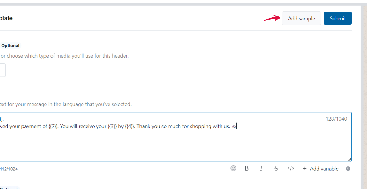 Creating WhatsApp message template | add sample
