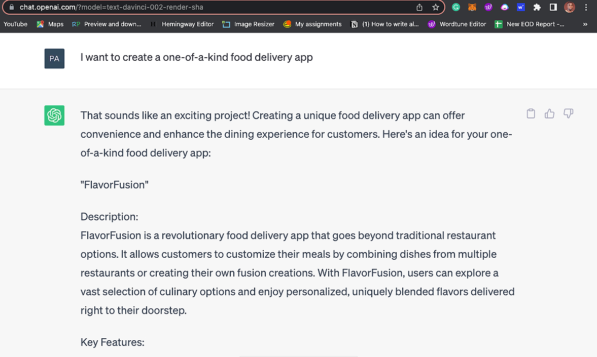 using chatgpt for business and product ideation and concept development | ChatGPT responds to a prompt by a user to create a one-of-a-kind food delivery app