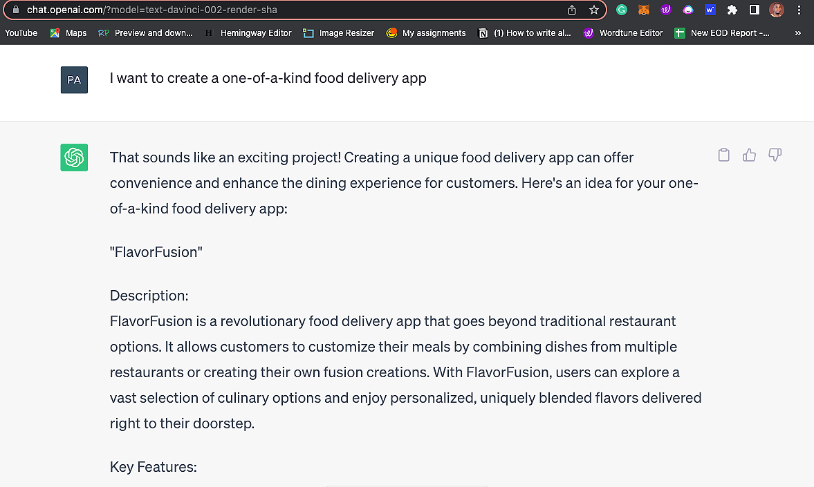 AI-assisting-in-product-ideation-and-concept-development using chatgpt for business and product ideation and concept development | ChatGPT responds to a prompt by a user to create a one-of-a-kind food delivery app