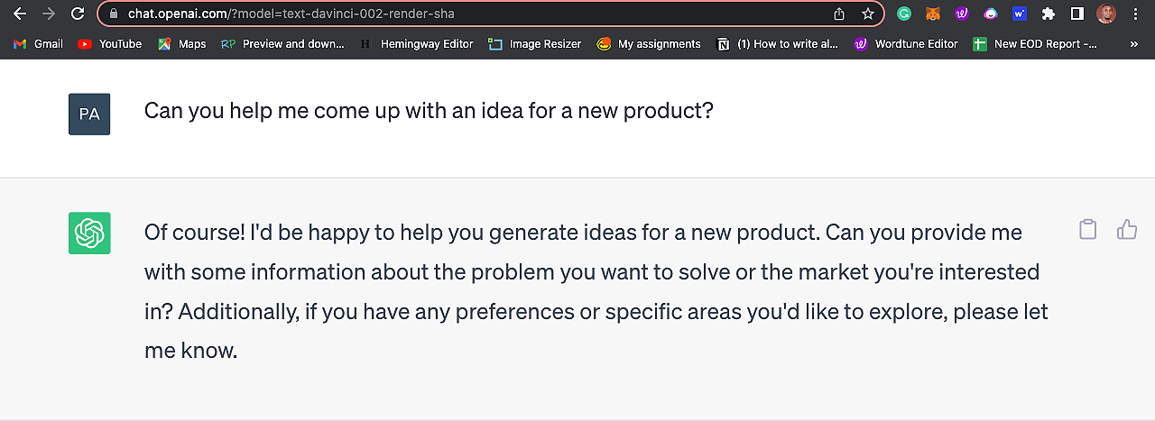 What do AI and ChatGPT have to do with product and business development?  A chat between ChatGPT and a user as ChatGPT obeys a prompt by the user to generate an idea for a new product