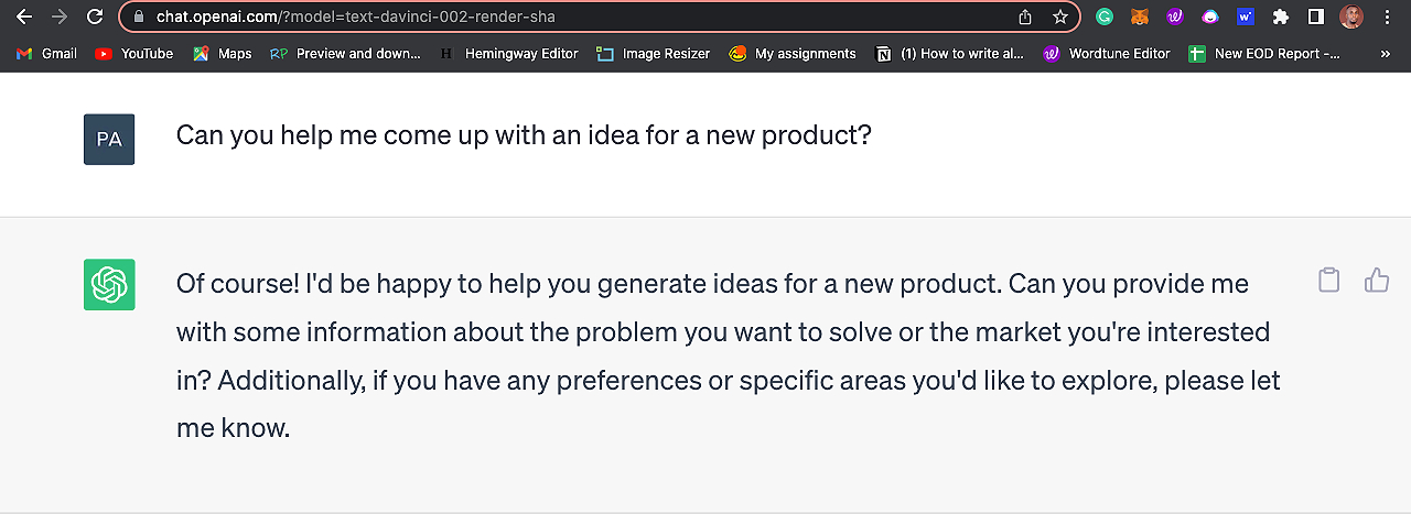 AI-and-ChatGPT-helping-in-product-development-process What do AI and ChatGPT have to do with product and business development? A chat between ChatGPT and a user as ChatGPT obeys a prompt by the user to generate an idea for a new product