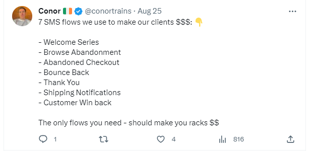 Screenshot of tweet explaining SMS Marketing flows