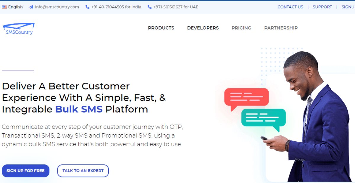 Screenshot of SMSCountry home page - A Simple, Fast, & Integrable Bulk SMS Platform