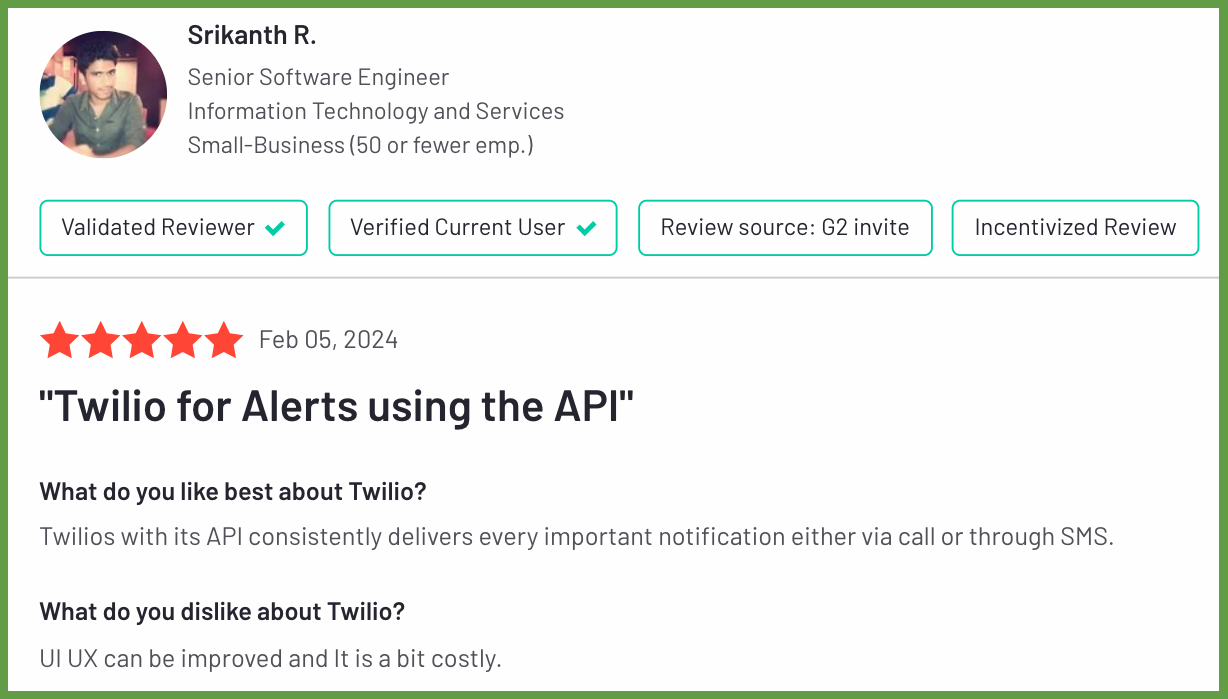Twilio Voice SMS user review